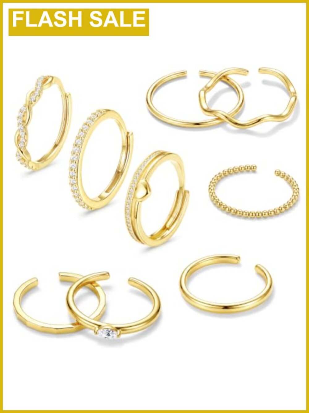 9Pc 14K Gold Plated Stackable Rings Set Adjustable Non Tarnish CZ